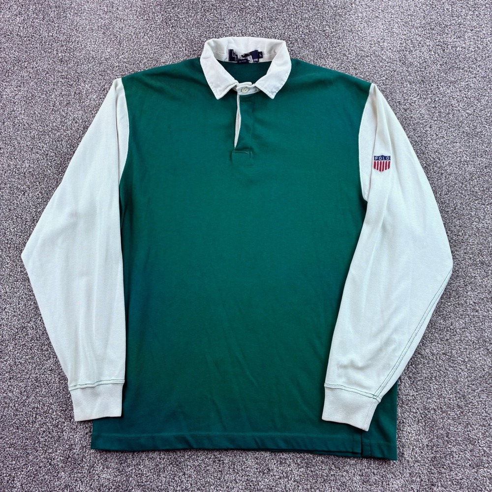 Vintage Polo Ralph Lauren Rugby Shirt Mens L Green K Swiss Shield Logo USA Made